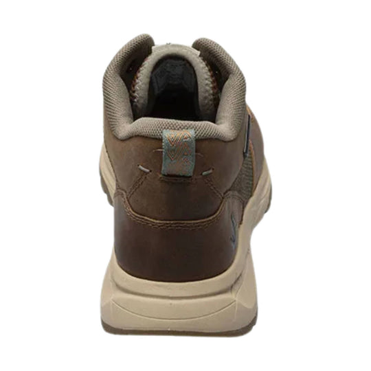 Brown mid-top hiking boot with tan padded collar and cream sole, rear view
