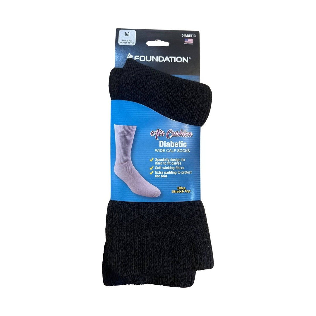 Black diabetic wide calf socks with packaging on a white background