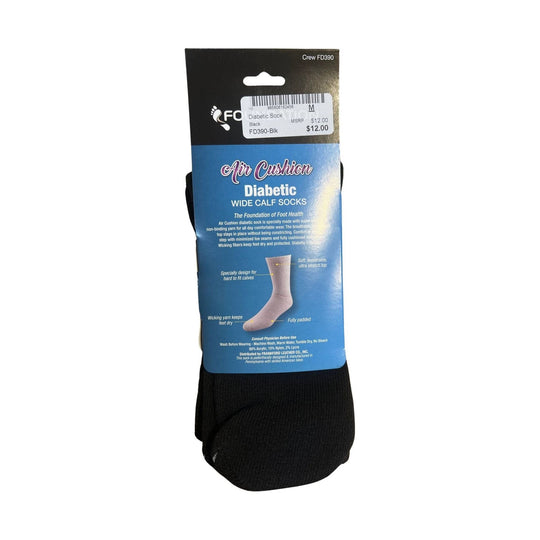 Packaged diabetic wide calf socks with blue label on a white background