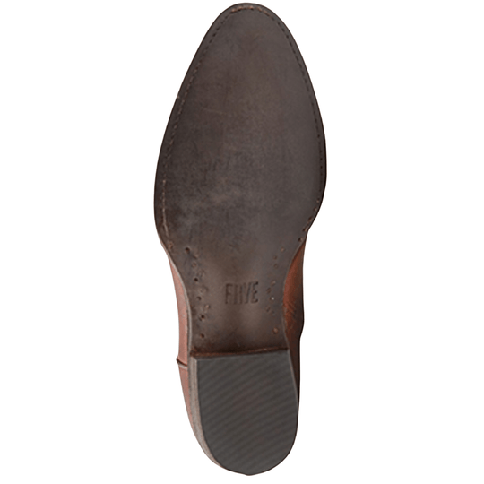 Brown leather boot sole with stitched edges and a worn rubber heel cap, marked "FIVE"