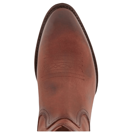 Brown leather pointed-toe boot seen from above with stitched vamp and pull tabs