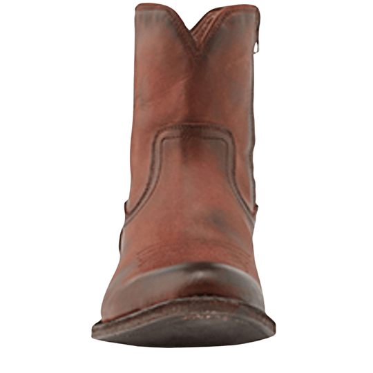 Brown leather ankle boot with a side zip and rounded toe, shown from the back
