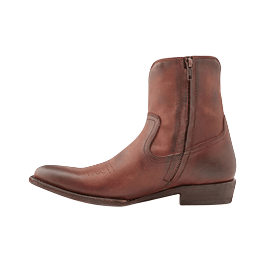 Brown leather ankle boot with side zipper and pointed toe, shown in profile.