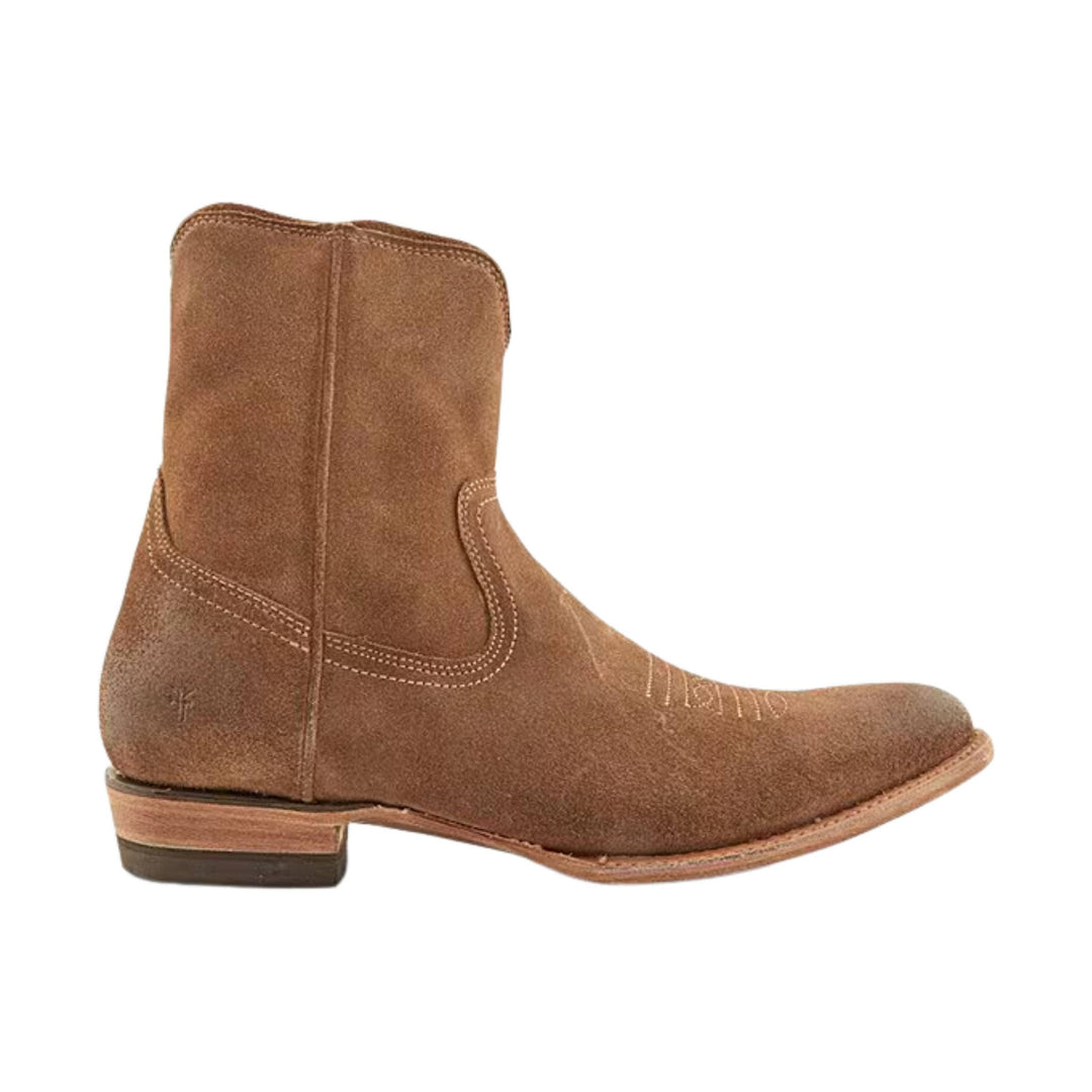 Brown suede pull-on ankle boot with stacked heel and pointed toe, side view