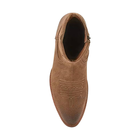 Brown suede ankle boot viewed from above with a side zipper and stitched toe pattern