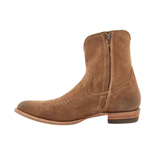 Brown suede ankle boot with side zipper and low stacked heel