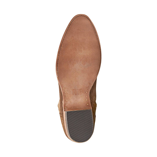 Brown leather boot sole with a dark rubber heel insert