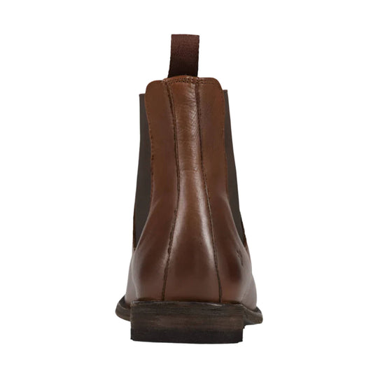 Brown leather Chelsea boot shown from the back