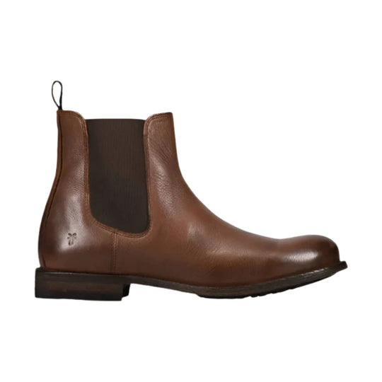 Brown leather Chelsea boot with black elastic side panels and a pull tab
