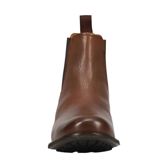 Brown leather Chelsea boot with a pull tab and black sole, shown from the front