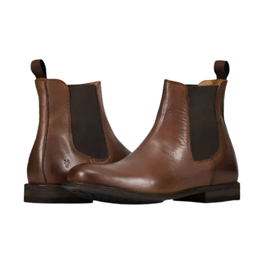 Brown leather Chelsea boots with black elastic side panels and pull tabs