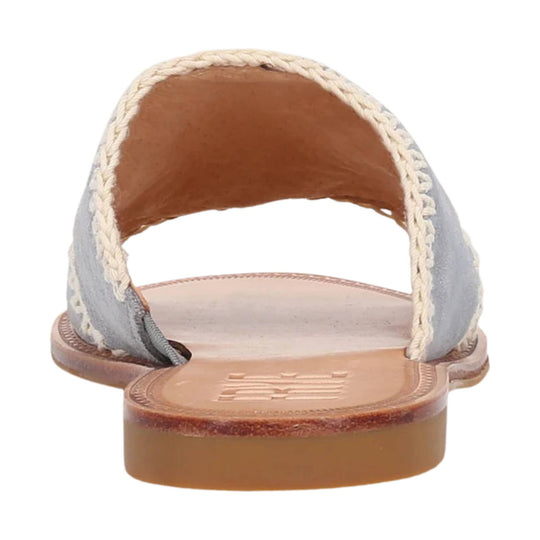 Crochet slide sandal with gray uppers, rope trim, and a tan footbed viewed from the back