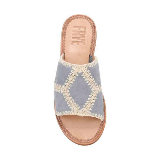 Gray suede slide sandal with cream crochet trim and tan footbed