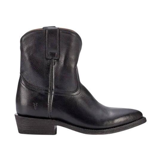 Black leather mid-calf boot with block heel and side zipper, shown in profile