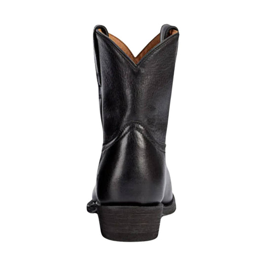 Black leather cowboy boot seen from the back with a low stacked heel and V-shaped shaft opening