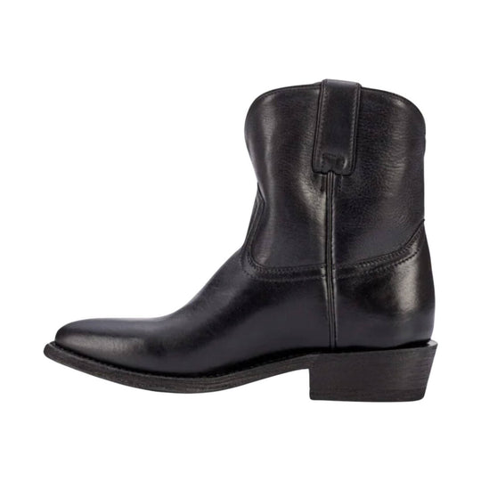 Black leather ankle boot with a pointed toe, low stacked heel, and side pull tab
