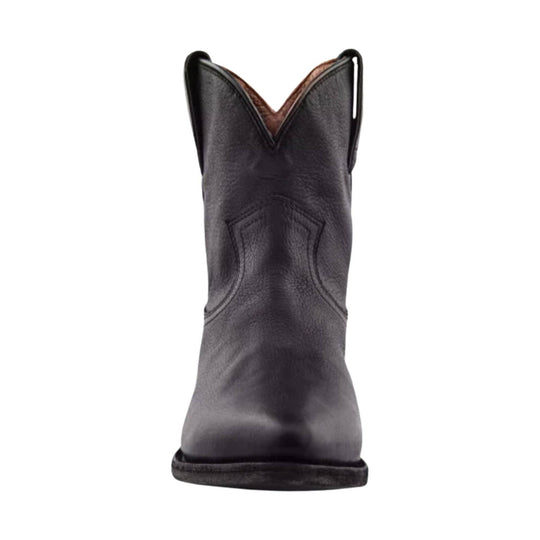 Black leather cowboy boot with pointed toe, pull tabs, and stitched western panels, back view