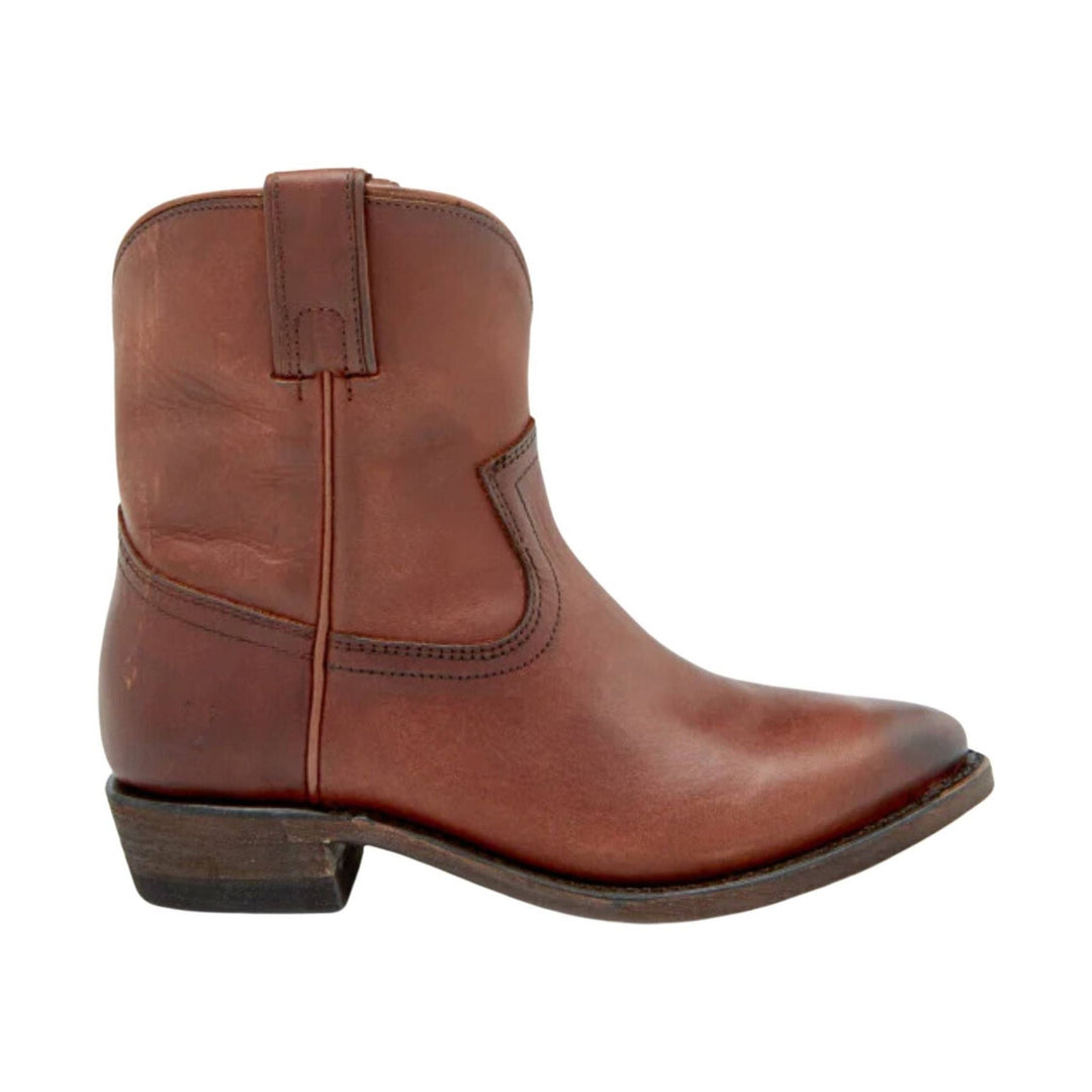 Brown leather ankle boot with a low heel and square toe, side profile