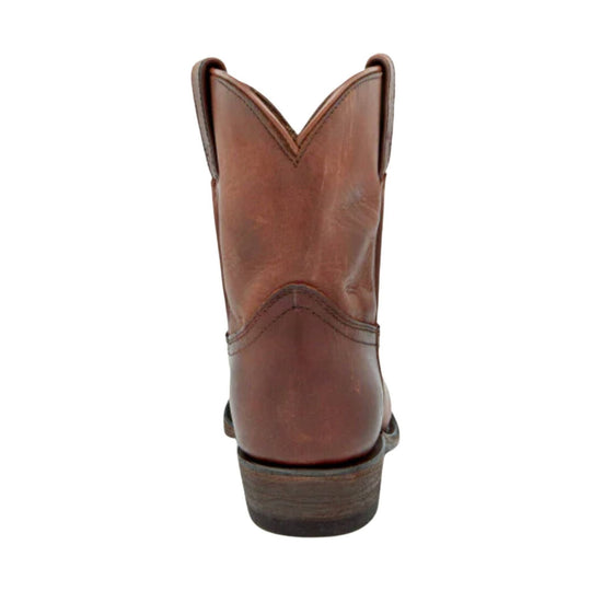 Brown leather cowboy boot seen from the back with a pull-on shaft and stacked heel