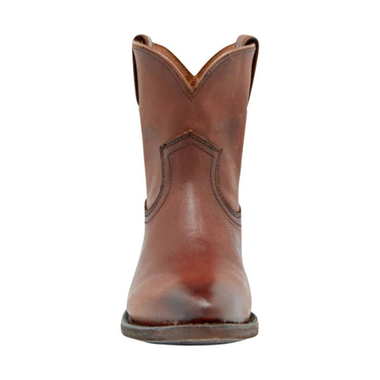 Brown leather cowboy boot with a wide shaft, scalloped topline, and low heel, front view
