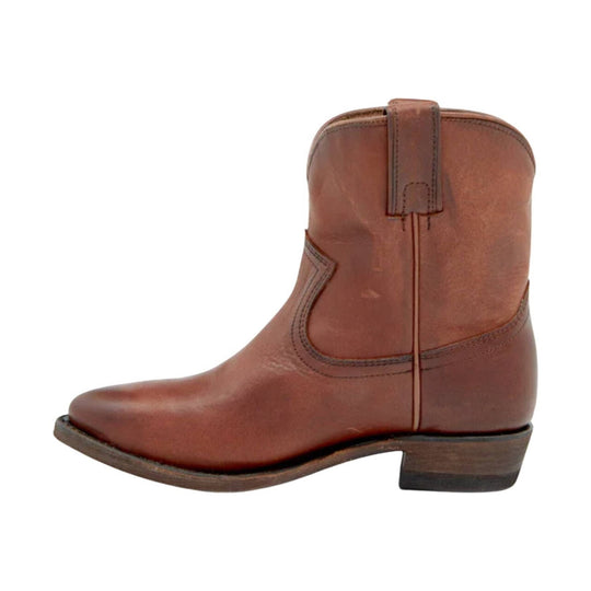 Brown leather pull-on Western boot with rounded toe and low heel, side view