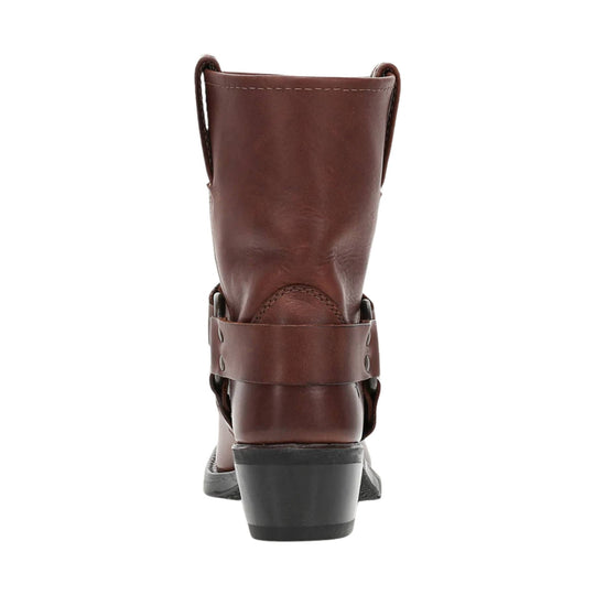 Brown leather mid-calf boot with black stacked heel, rear view
