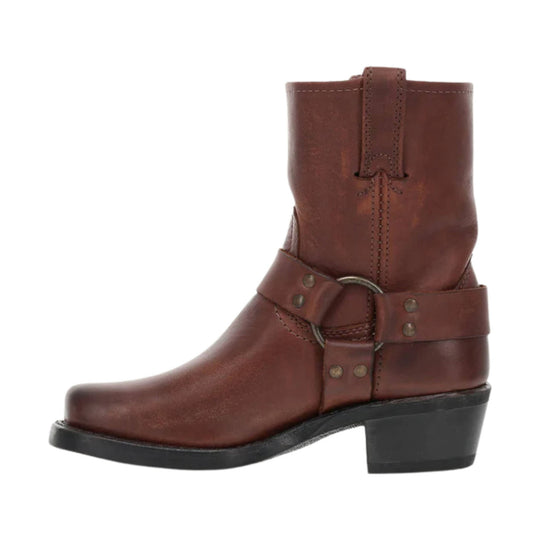 Brown leather ankle boot with a harness strap, metal ring, and block heel