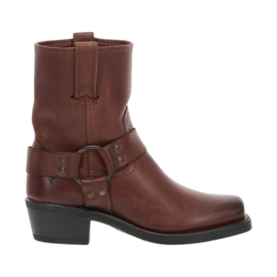 Brown leather ankle boot with harness straps and a block heel