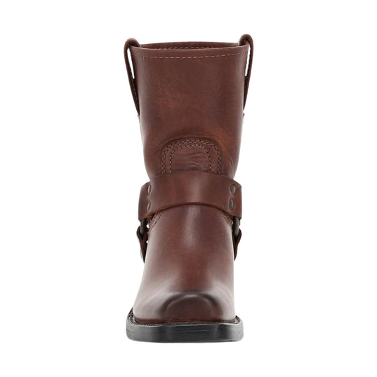 Brown leather pull-on boot shown from the front with a wraparound ankle strap and black sole