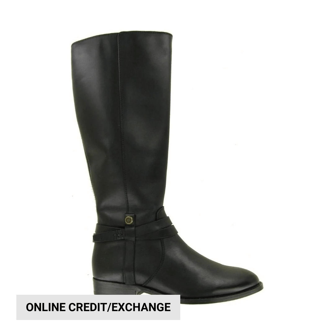 Black knee-high leather boot with a rounded toe, low heel, and a belt strap around the ankle