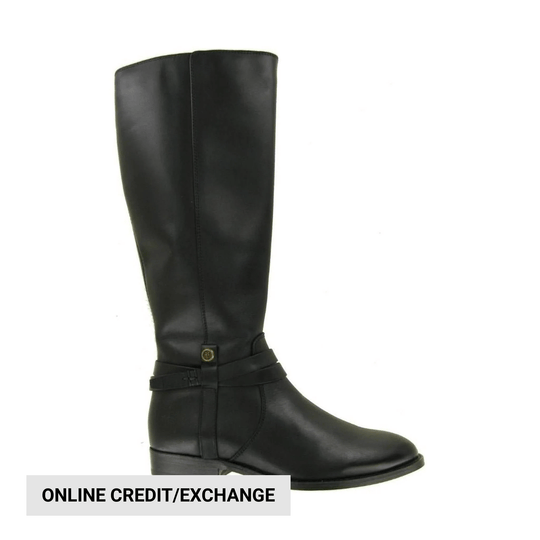 Black knee-high leather boot with a rounded toe, low heel, and a belt strap around the ankle