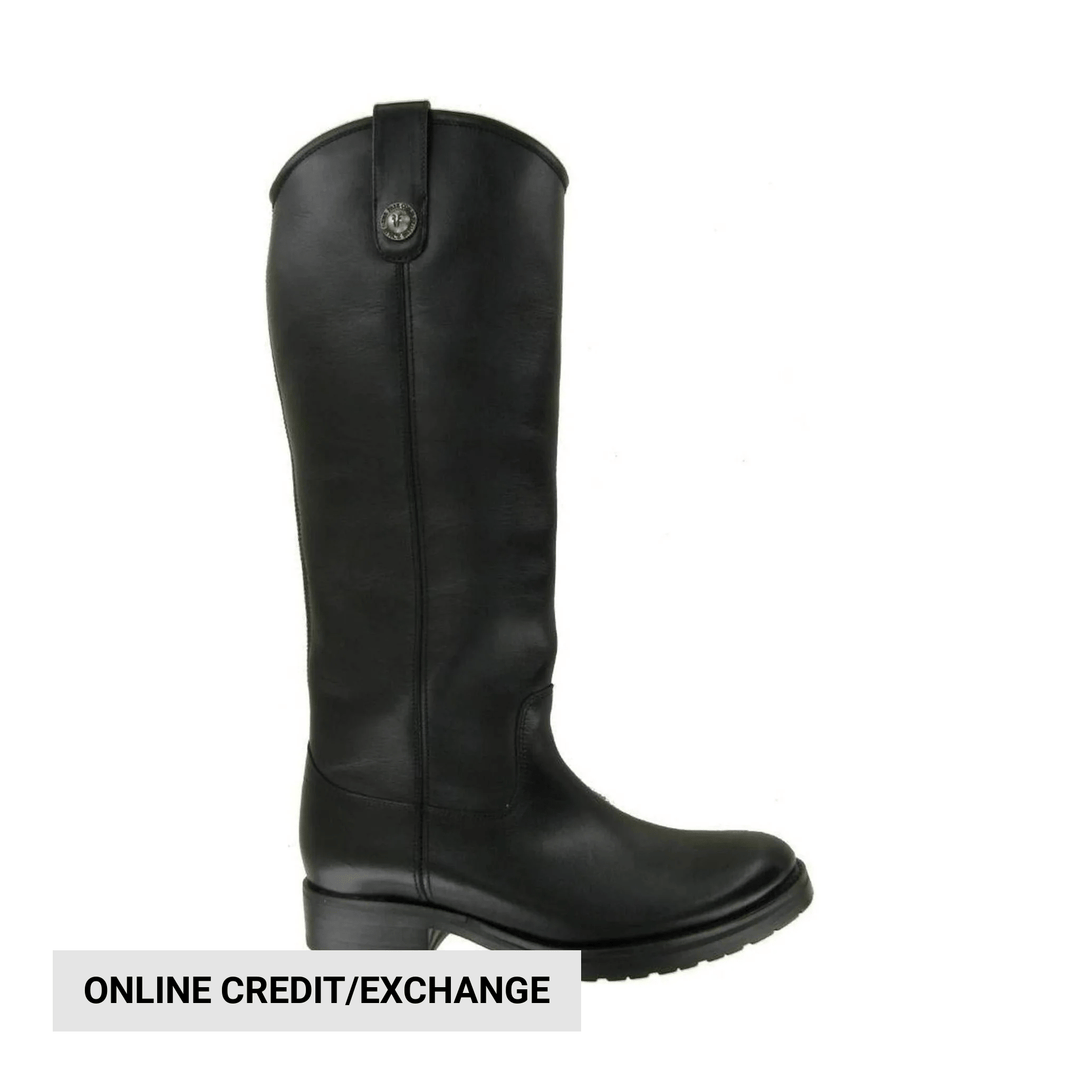 Black knee-high leather boot with a low heel and side zipper, shown in profile