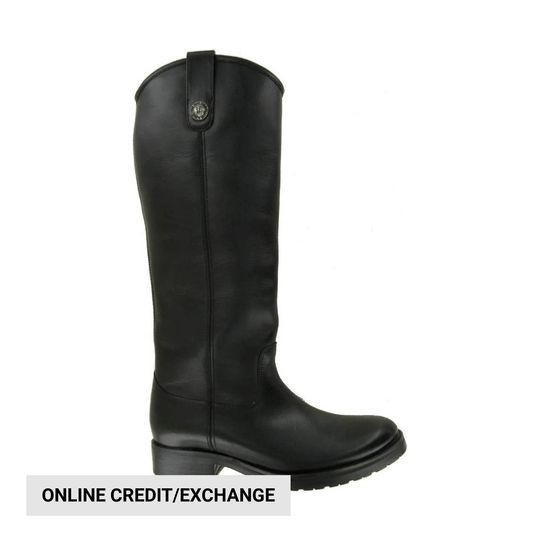 Black knee-high leather boot with a low heel and side zipper, shown in profile