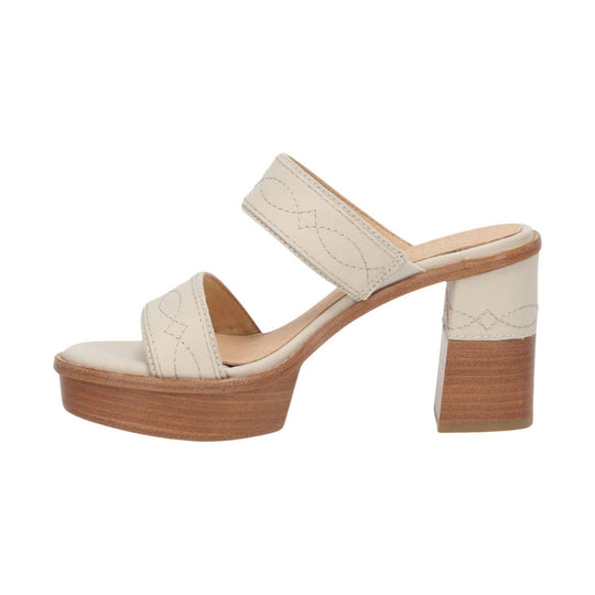 Ivory platform sandal with wide straps and a chunky wood-look heel