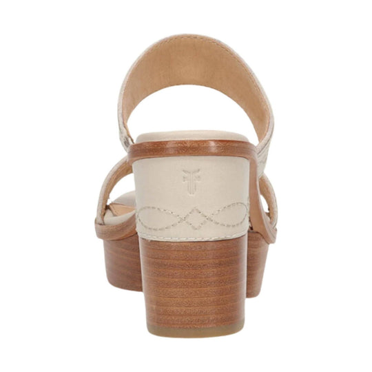 Ivory and tan platform sandal viewed from the back, with a wide ankle strap, wood-look heel, and stacked sole