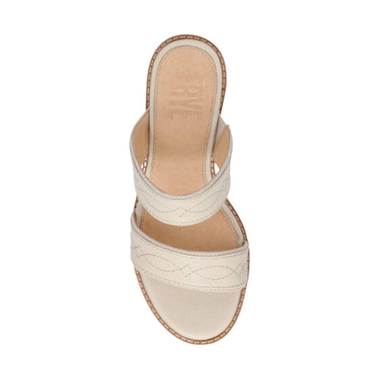 Ivory platform sandal with two wide straps and stitched trim, shown from above