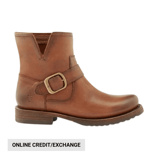 Brown leather ankle boot with side buckle strap and low heel