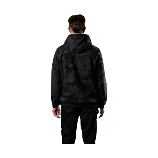 Black camo hooded sweatshirt shown from the back, worn with black pants