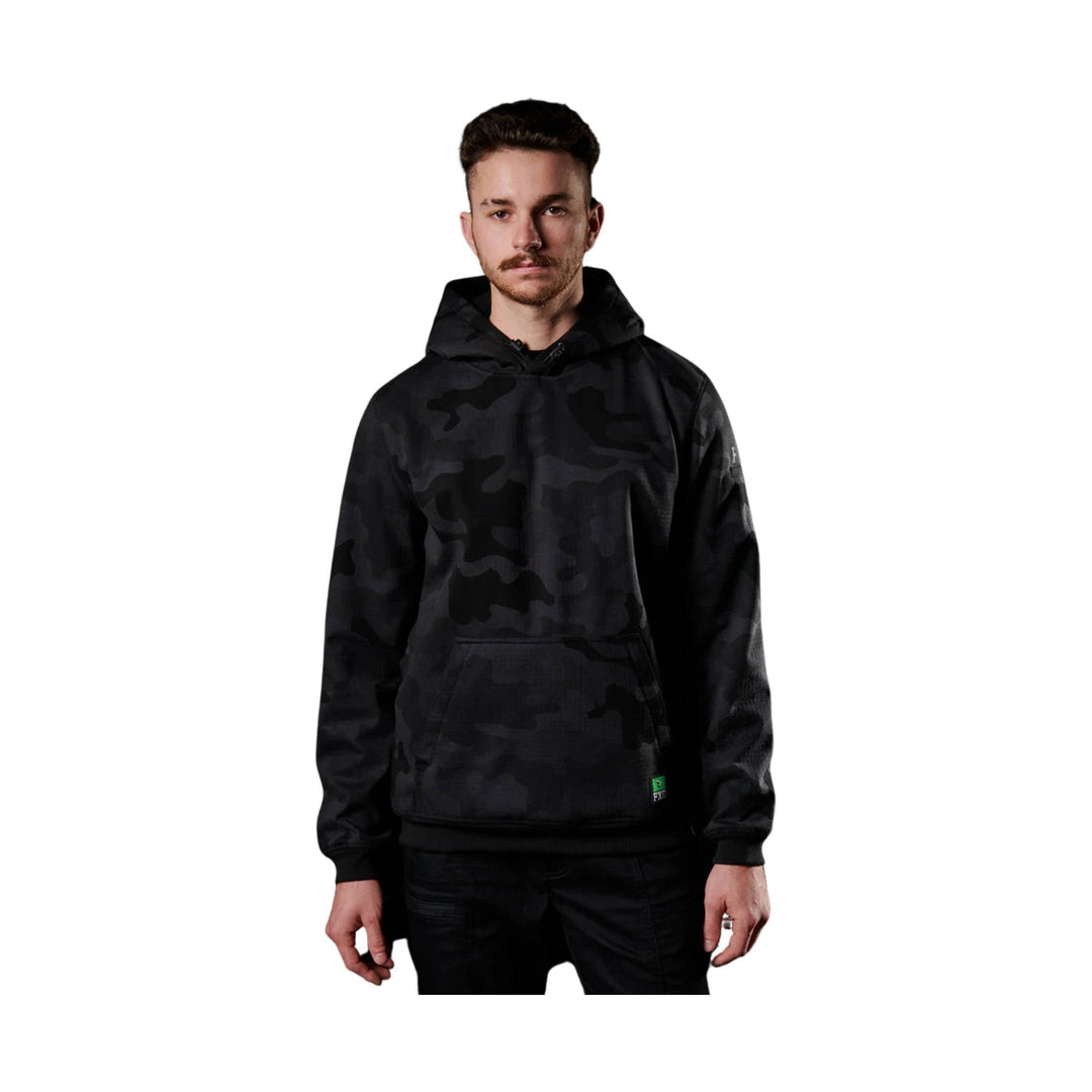 Black camouflage hooded fleece sweatshirt with a front kangaroo pocket