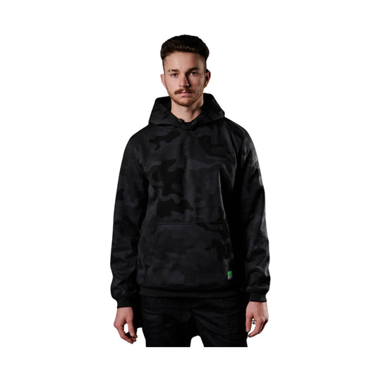 Black camouflage hooded fleece sweatshirt with a front kangaroo pocket