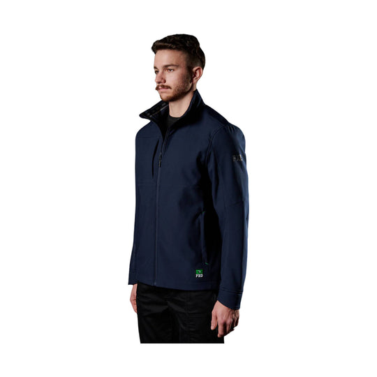 Navy full-zip softshell jacket with stand collar and chest pocket