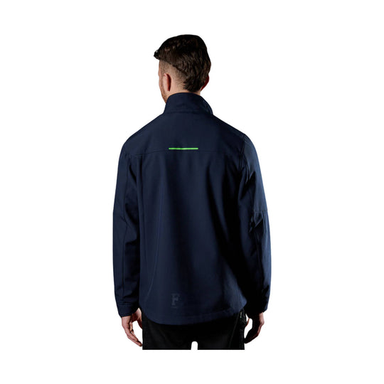 Navy jacket shown from the back with a high collar and small green reflective strip across the upper back