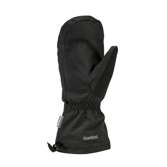 Black insulated mitten with long gauntlet cuff and side thumb.