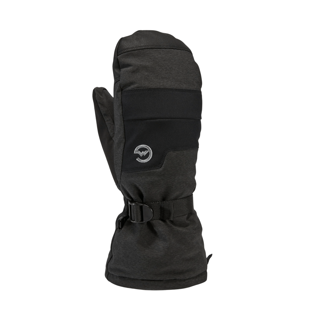 Black insulated gauntlet mitten with wrist buckle and small logo patch