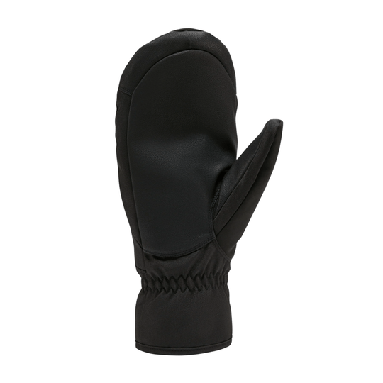 Black insulated mitten with a side thumb panel and gathered cuff