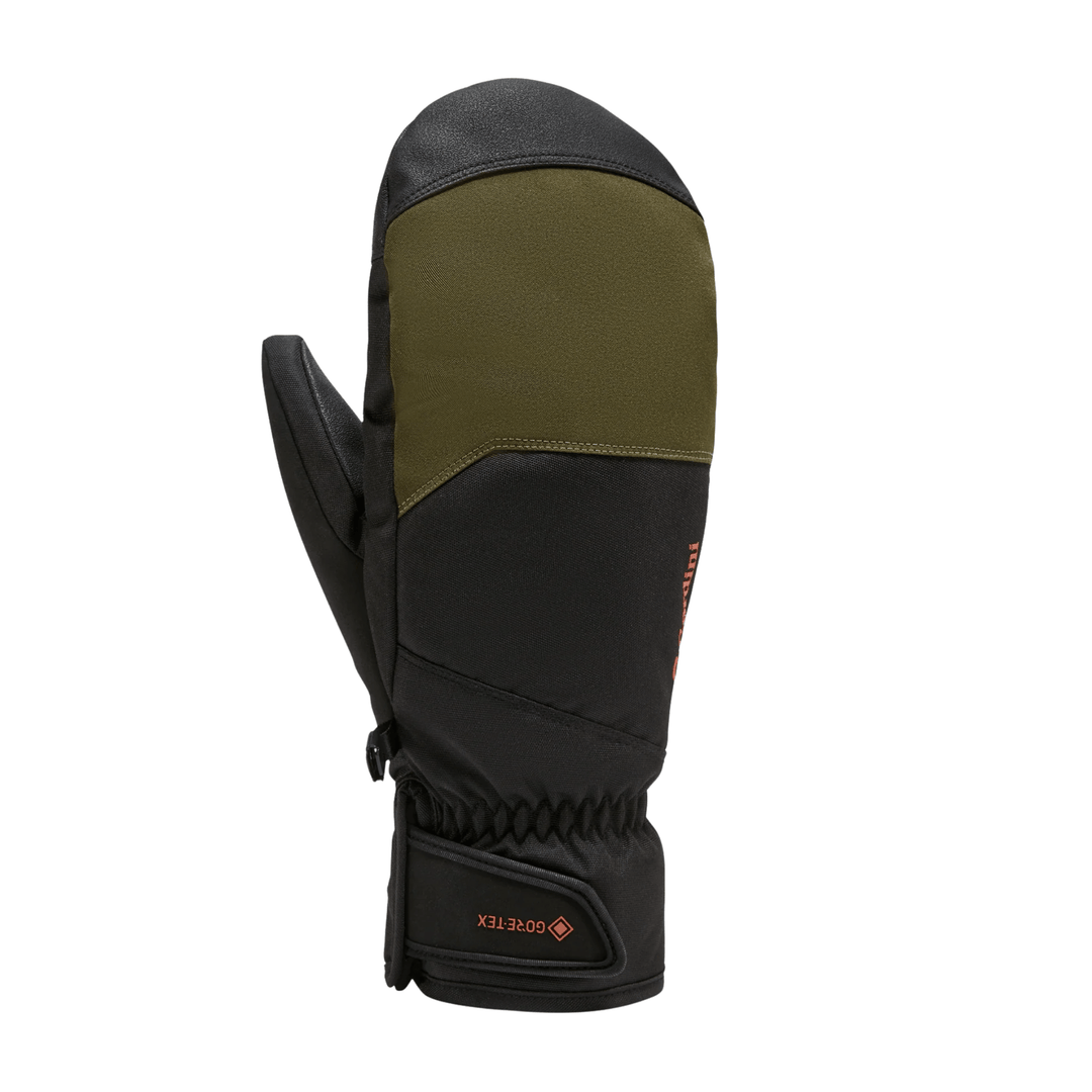 Black and olive insulated mitten with long gauntlet cuff and orange Gore-Tex logo