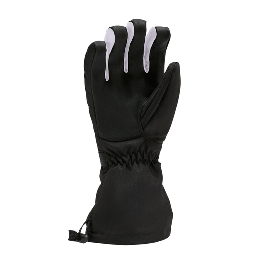 Black insulated winter glove with white finger accents and a cinched wrist cuff