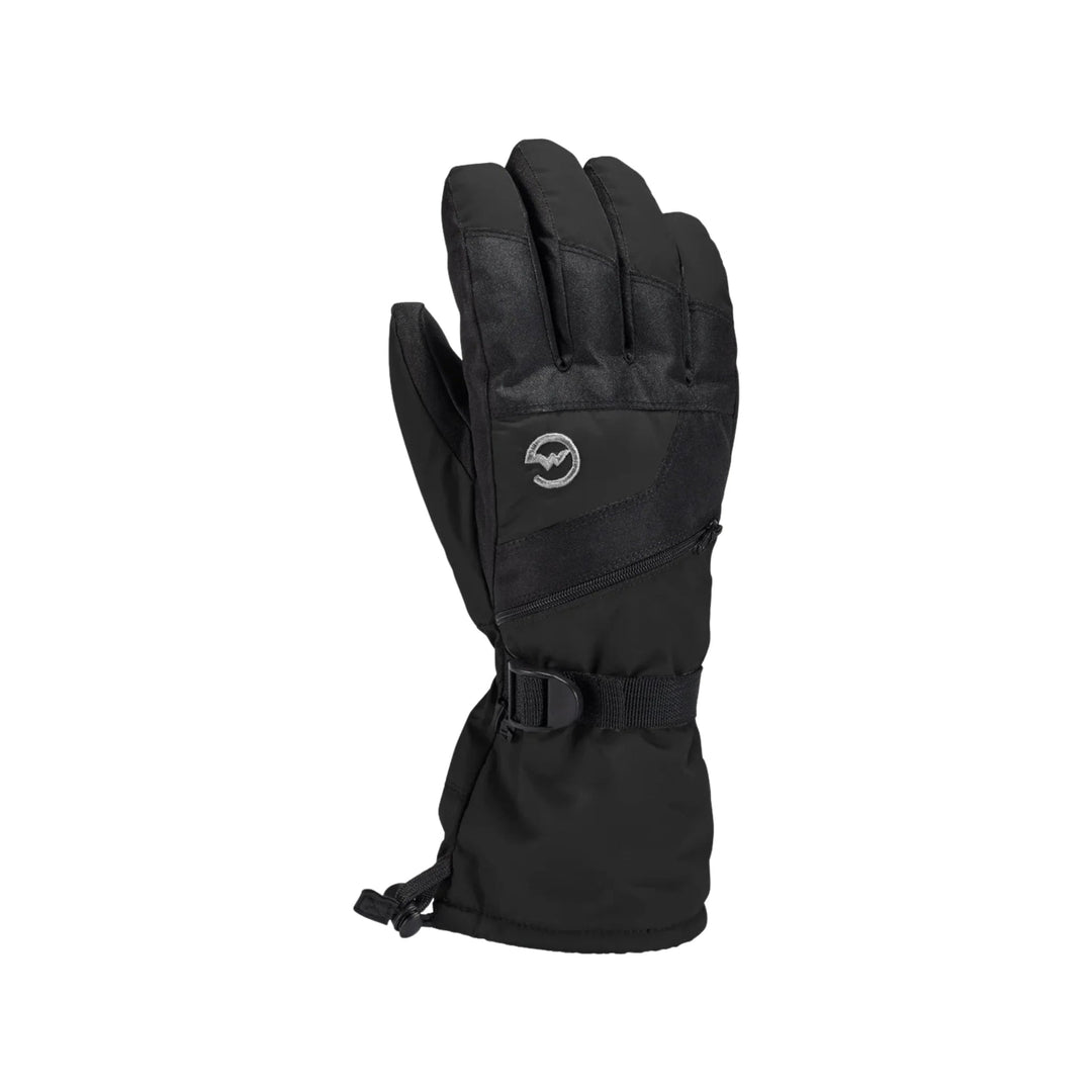 Black insulated winter glove with gauntlet cuff, wrist strap, and small embroidered logo