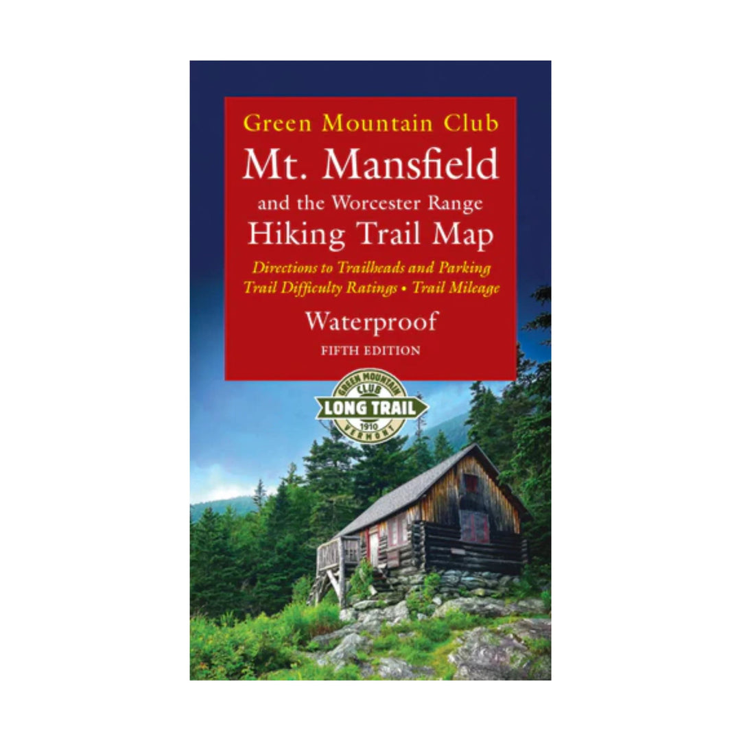 Red waterproof hiking trail map cover with a cabin and forest scene