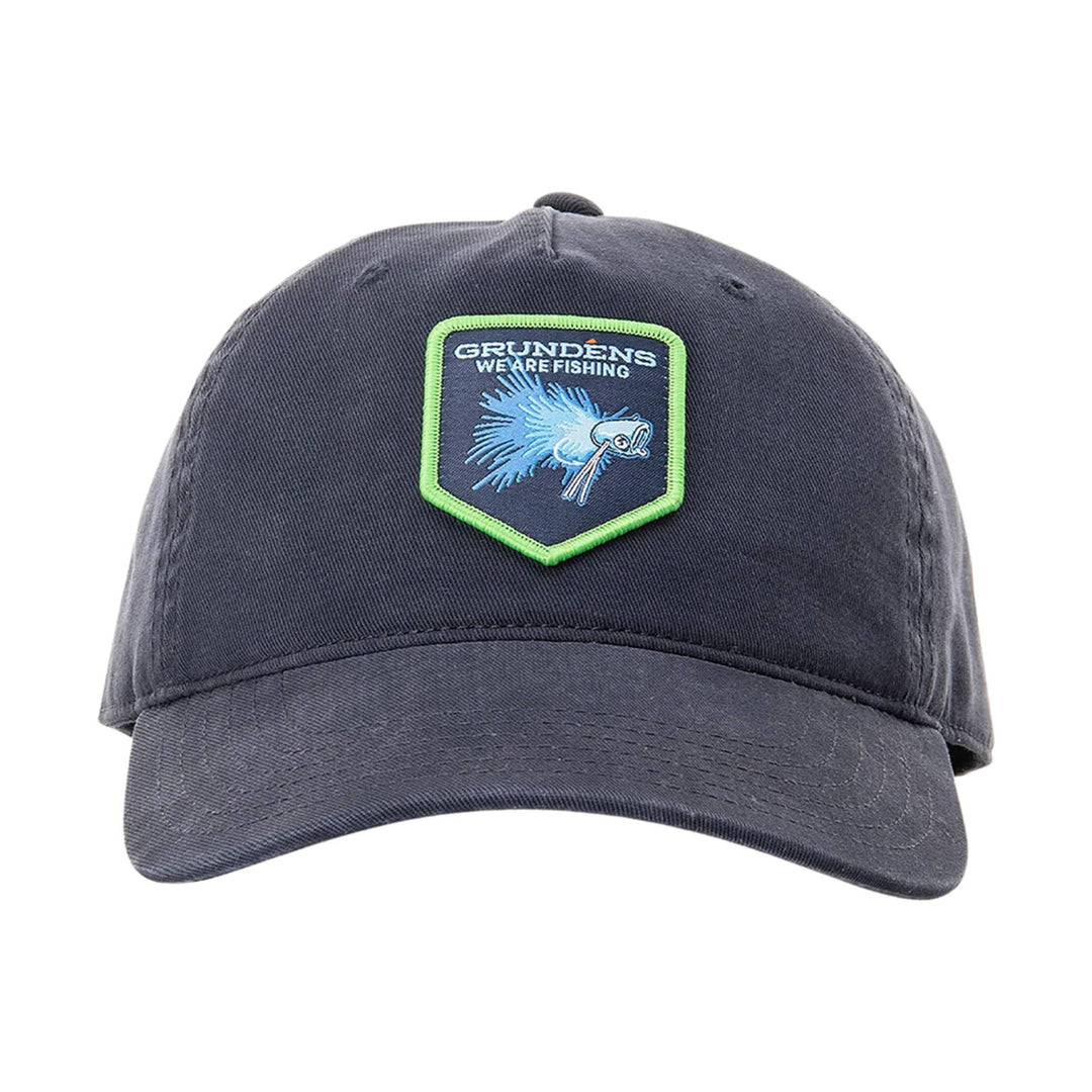 Navy baseball cap with a fish patch and the text "GRUNDENS WE ARE FISHING"
